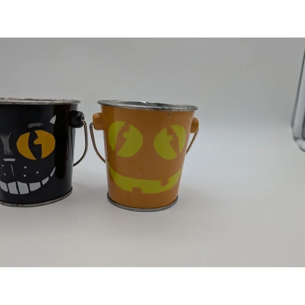 Vintage Halloween Metal Bucket Pail 2 Lot Pumpkin Black Cat Jack o Lantern Small